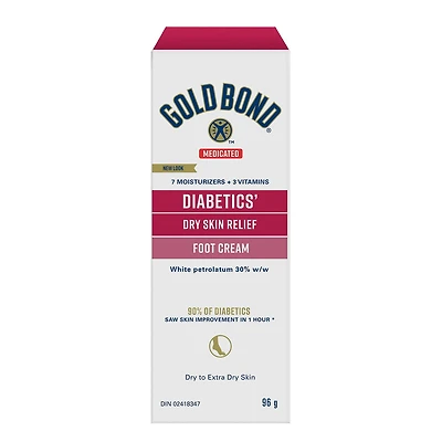 Gold Bond Medicated Diabetics' Dry Skin Relief Foot Cream, 96g Tube, Foot Cream for Dry Cracked Feet With 30% White Petrolatum, Vitamins A and E for Fast, Long-Lasting Dry Feet and Heels Relief