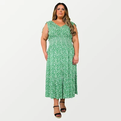 DV Sleeveless floral maxi dress with V-neck and a tiered ruffled hem