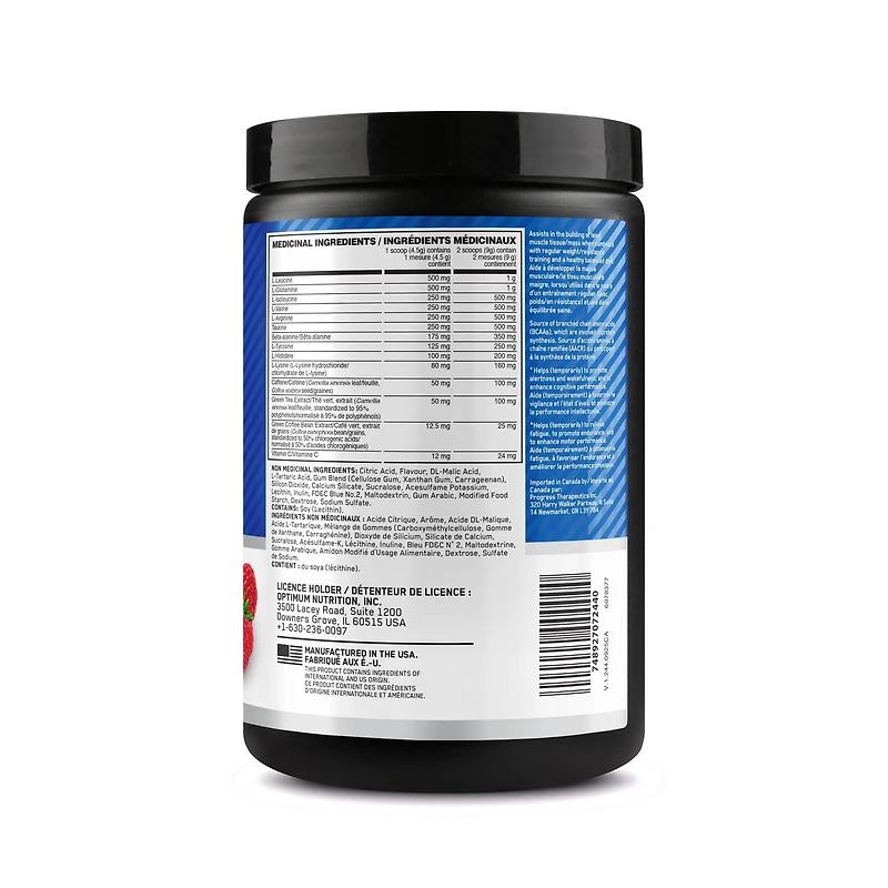 Poudre énergétique Optimum Nutrition Amino : Framboise bleue - 30 portions (270 g)
