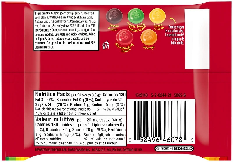 SKITTLES, Original Gummy Candy, Full Size Bag, 57g, Individual Bag, 57 g