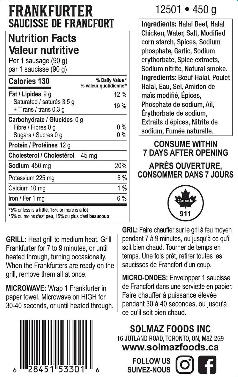 Solmaz Halal Saucissons Frankfurter Entièrement cuit 450gr