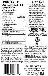 Solmaz Halal Saucissons Frankfurter Entièrement cuit 450gr