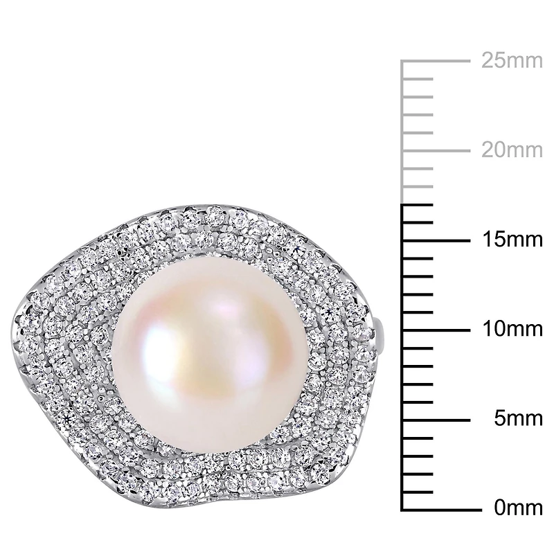 Miabella Freshwater Cultured Pearl and 1-3/8 Carat T.G.W. Cubic Zirconia Sterling Silver Floral Ring