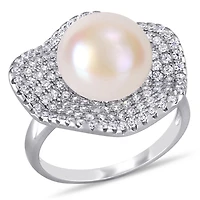 Miabella Freshwater Cultured Pearl and 1-3/8 Carat T.G.W. Cubic Zirconia Sterling Silver Floral Ring