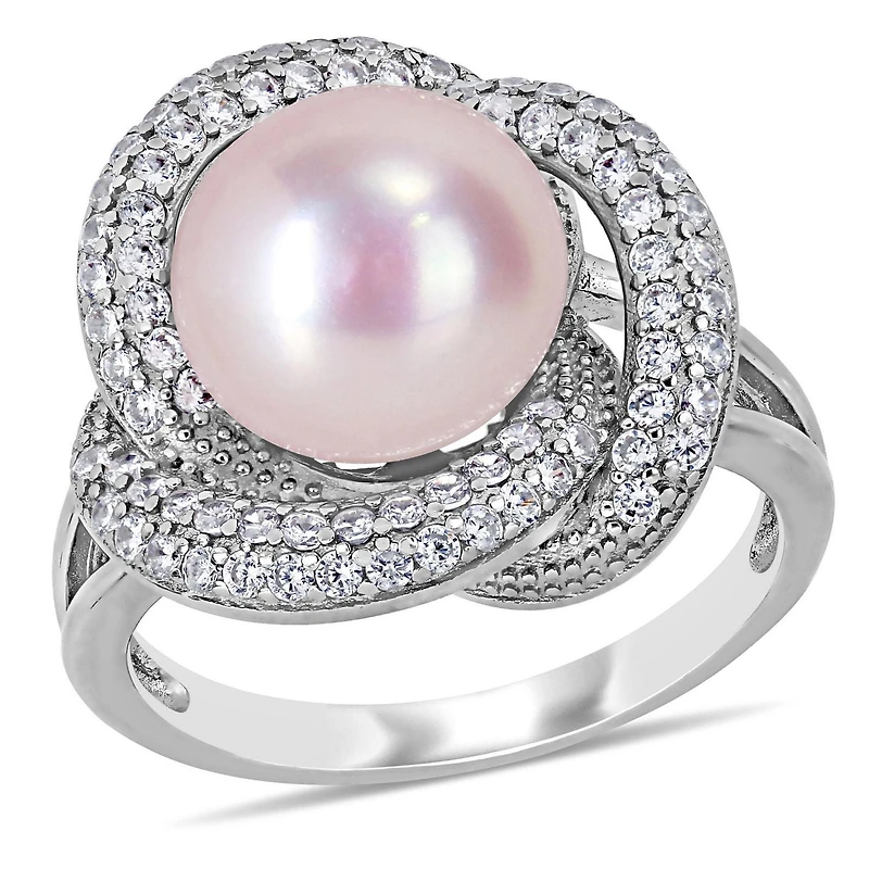Miabella Pink Freshwater Cultured Pearl and 3/4 Carat T.G.W. Cubic Zirconia Sterling Silver Interlaced Ring