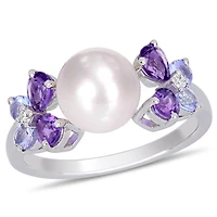Bague Miabella avec perle cultivée d'eau douce, tanzanites, améthystes et accents de diamants en argent sterling