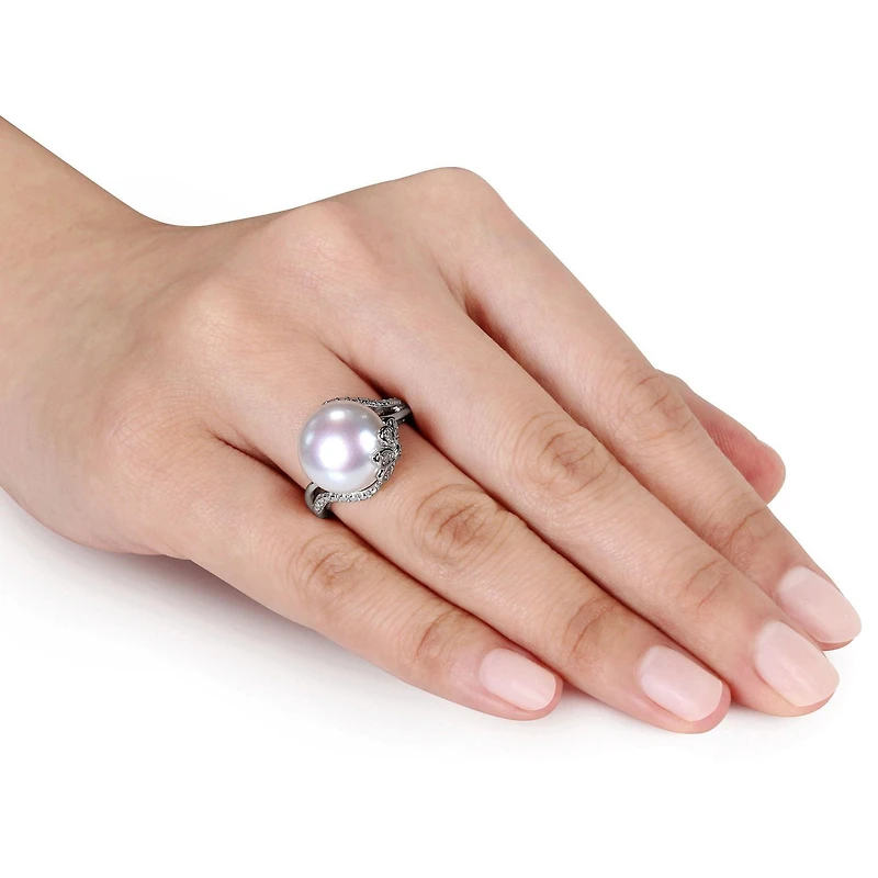 Miabella Cultured Freshwater Pearl and Diamond-Accent Sterling Silver Ring