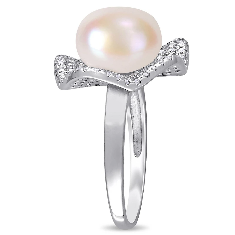 Miabella Freshwater Cultured Pearl and 1-3/8 Carat T.G.W. Cubic Zirconia Sterling Silver Floral Ring