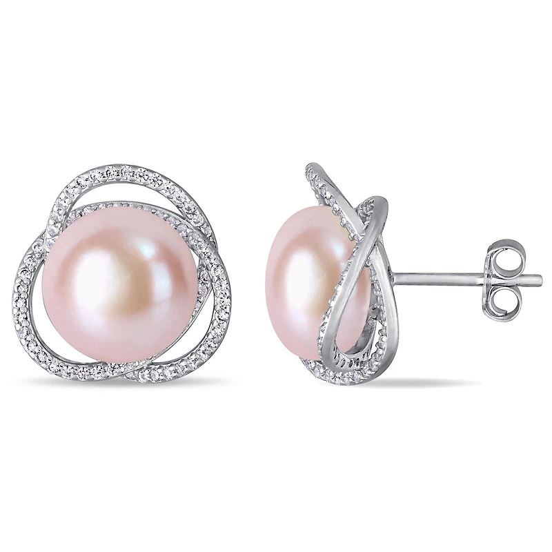 Miabella Pink Freshwater Cultured Pearl and 1-3/5 Carat T.G.W. Cubic Zirconia Sterling Silver Interlaced Stud Earrings