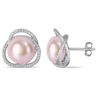 Miabella Pink Freshwater Cultured Pearl and 1-3/5 Carat T.G.W. Cubic Zirconia Sterling Silver Interlaced Stud Earrings