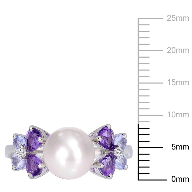 Miabella Cultured Freshwater Pearl, Tanzanite, Amethyst and Diamond Accent Sterling Silver Ring