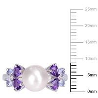 Miabella Cultured Freshwater Pearl, Tanzanite, Amethyst and Diamond Accent Sterling Silver Ring