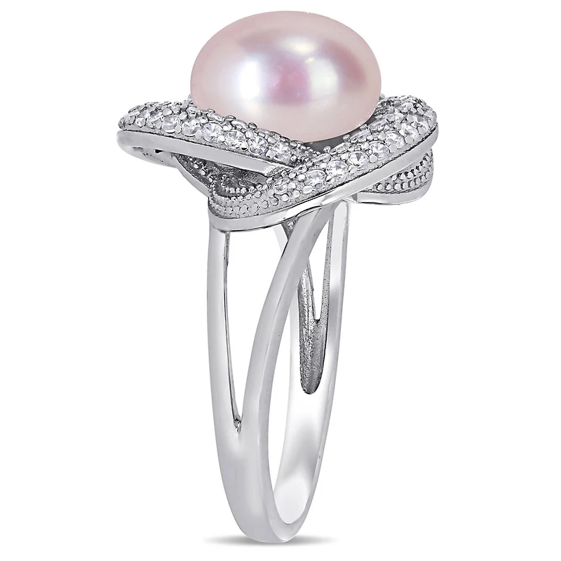 Miabella Pink Freshwater Cultured Pearl and 3/4 Carat T.G.W. Cubic Zirconia Sterling Silver Interlaced Ring