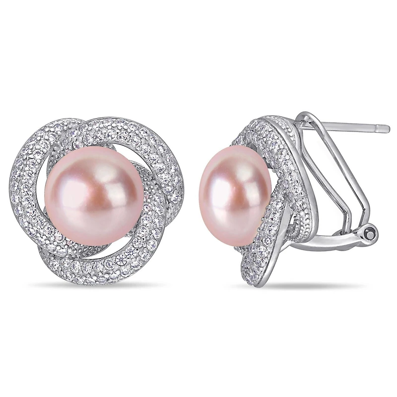 Boucles d'oreille entrelacées Miabella avec perles rosées cultivées d'eau douce et zircons cubiques 1-1/2 CT PBT en argent sterling