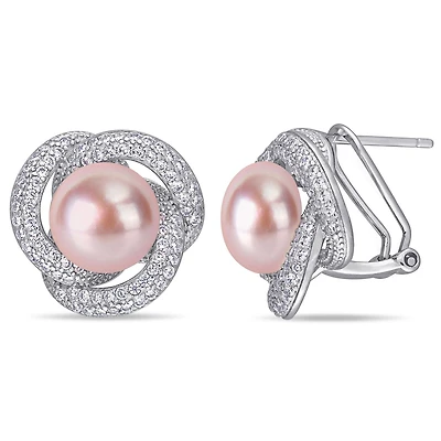 Boucles d'oreille entrelacées Miabella avec perles rosées cultivées d'eau douce et zircons cubiques 1-1/2 CT PBT en argent sterling