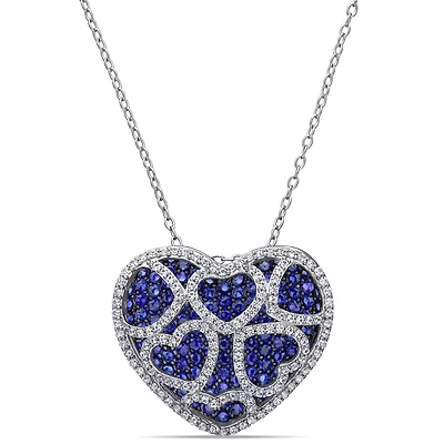Miabella 4 Carat T.G.W. Created Blue and White Sapphire Sterling Silver Heart Pendant, 18"