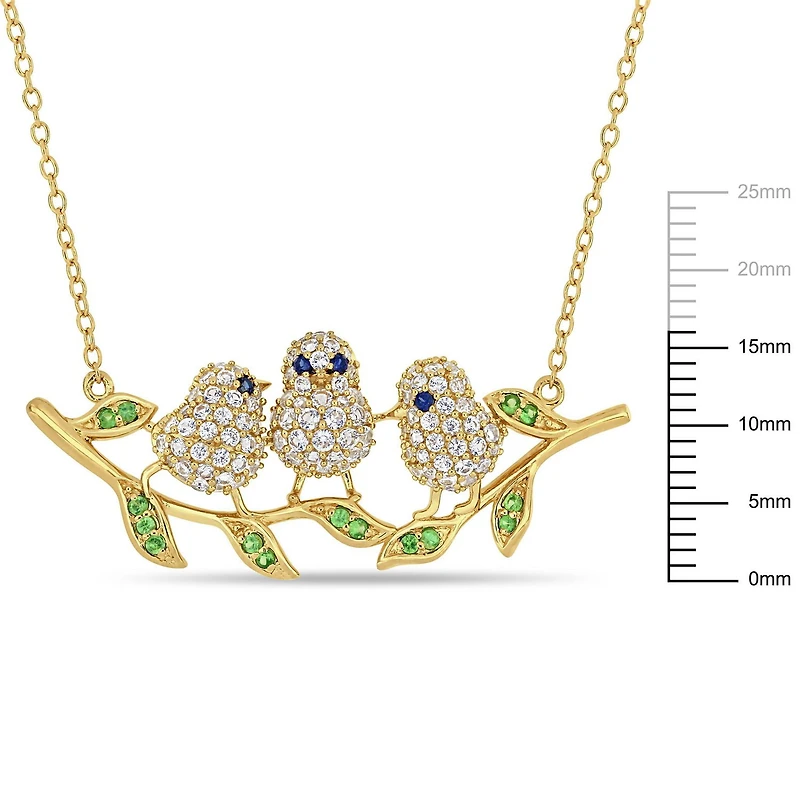 Collier en forme de oiseaux Miabella avec saphirs synthétiques bleus/blancs et tsavorites 1-2/5 CT PBT en argent sterling plaqué jaune, 17 po