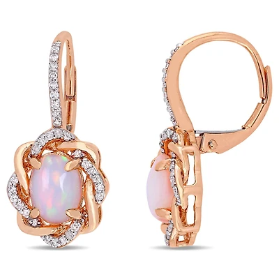 Boucles d’oreilles Miabella à auréole torsadée avec 1-1/2 CT PBT d’opale et 1/4 ct poids total de diamants en or rose 10ct