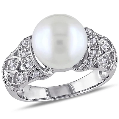 Miabella Cultured Freshwater Pearl and Diamond-Accent Sterling Silver Cocktail Ring