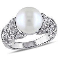 Miabella Cultured Freshwater Pearl and Diamond-Accent Sterling Silver Cocktail Ring
