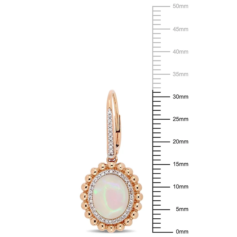 Boucles d’oreilles Miabella à auréole perlée avec 5-1/2 CT PBT d’opale et 1/4 ct poids total de diamants en or rose 14ct