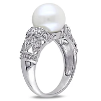 Miabella Cultured Freshwater Pearl and Diamond-Accent Sterling Silver Cocktail Ring