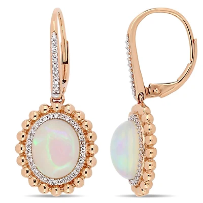 Boucles d’oreilles Miabella à auréole perlée avec 5-1/2 CT PBT d’opale et 1/4 ct poids total de diamants en or rose 14ct