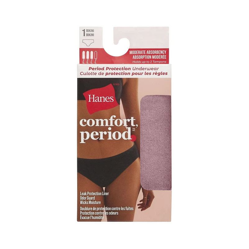 Hanes Comfort, Period. Moderate Leak Bikini, 1-Pack, Sizes S - XL