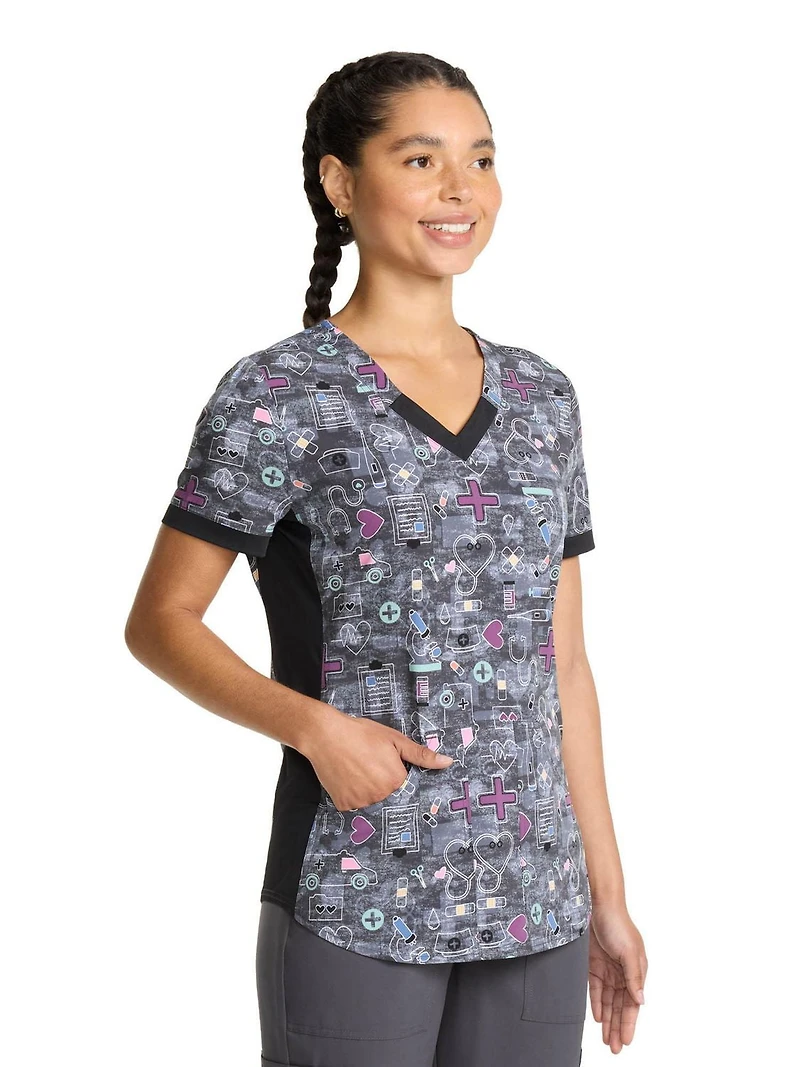 Scrubstar Haut imprimé à col en V pour femmes Wellness Icons