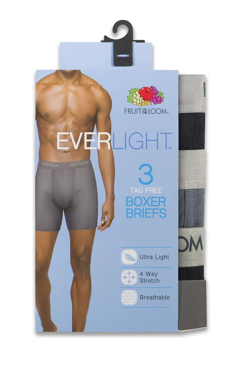 Caleçons boxeurs EverLight noir et gris pour hommes Fruit of the Loom, paquet assorti de 3