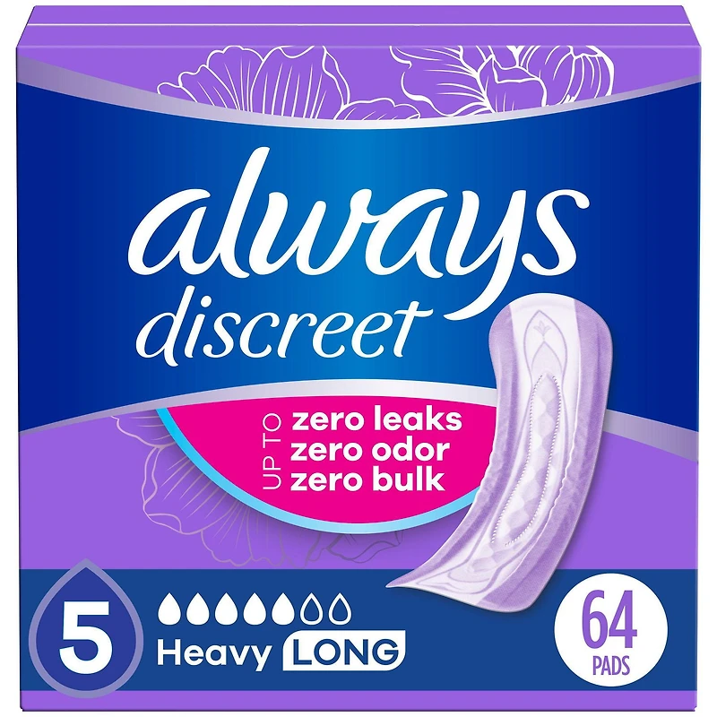 Always Discreet Adult Incontinence Pads for Women, Heavy Absorbency, Long Length, Postpartum Pads, 64CT