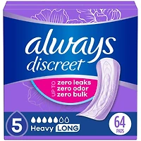 Always Discreet Adult Incontinence Pads for Women, Heavy Absorbency, Long Length, Postpartum Pads, 64CT
