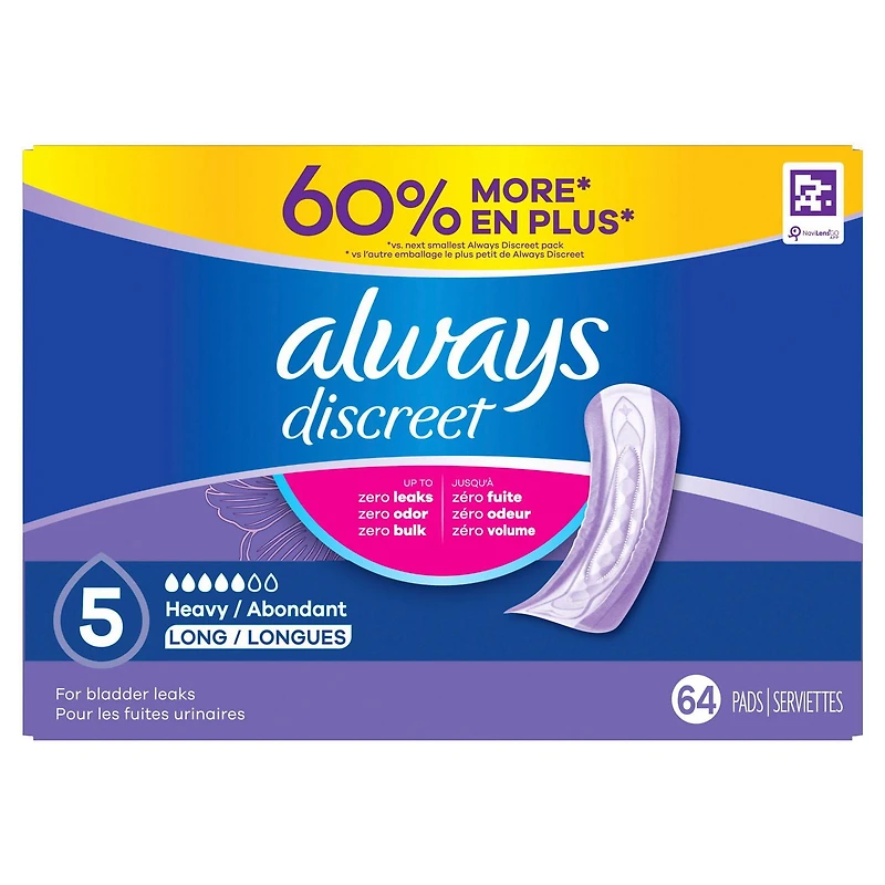Serviettes d’incontinence et de post-partum Always Discreet, longues, degré d’absorption abondant, pour femmes, 64serviettes 64CT