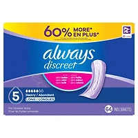 Serviettes d’incontinence et de post-partum Always Discreet, longues, degré d’absorption abondant, pour femmes, 64serviettes 64CT
