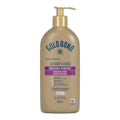 Gold Bond Radiance Renewal Hydrating Body Lotion, 400ml Pump Bottle, Hydrating, Moisturizing and Exfoliating Lotion With Coconut Oil, Cocoa Butter and African Shea Butter