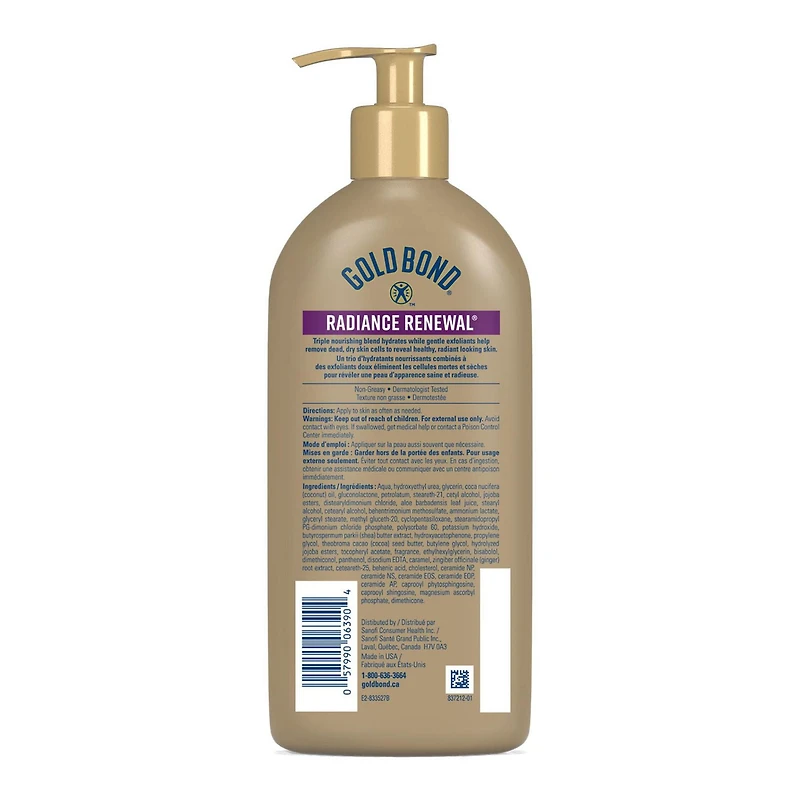 Gold Bond Radiance Renewal Hydrating Body Lotion, 400ml Pump Bottle, Hydrating, Moisturizing and Exfoliating Lotion With Coconut Oil, Cocoa Butter and African Shea Butter