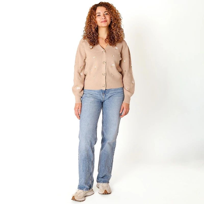 Devoted Knit Button-Up Cardigan with Floral Details