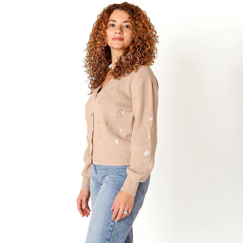 Devoted Knit Button-Up Cardigan with Floral Details