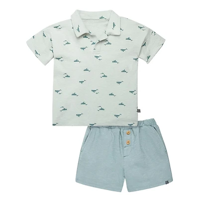 modern moments™ by Gerber® - 2pc Johnny Collar shirt + Short Set Blue Whale, Whale pattern on