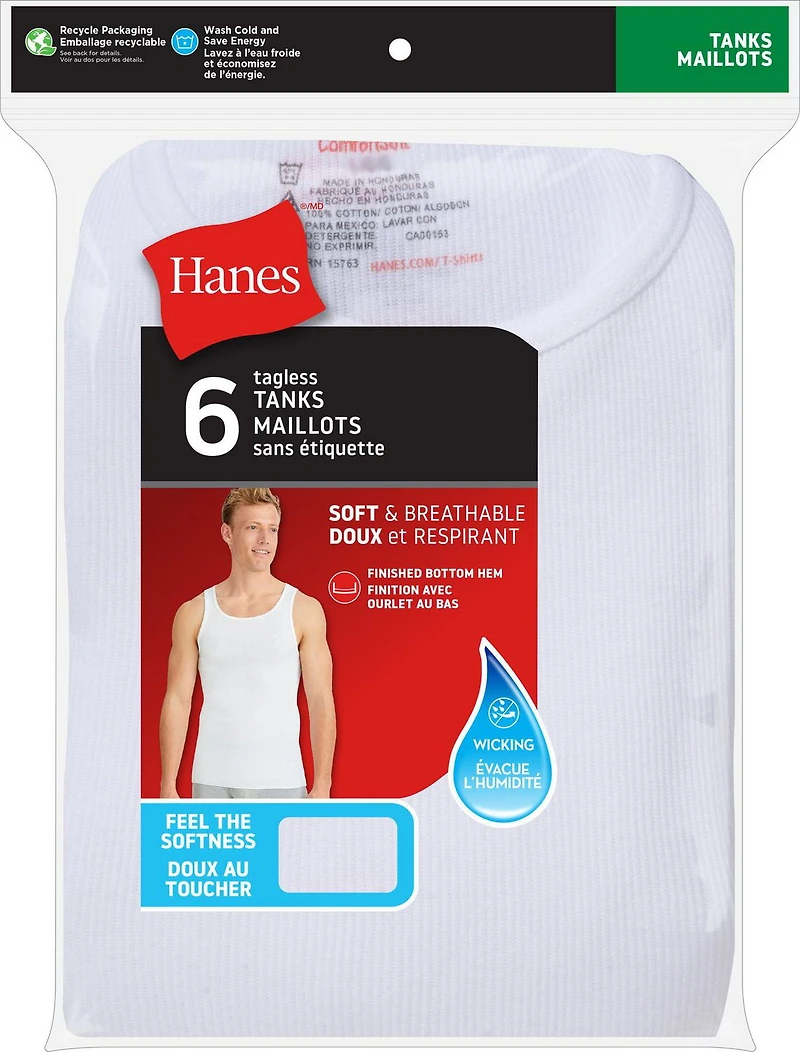 Débardeur côtelé Hanes pour hommes, débardeur de maillot de corps en coton Blanc - lot de 6