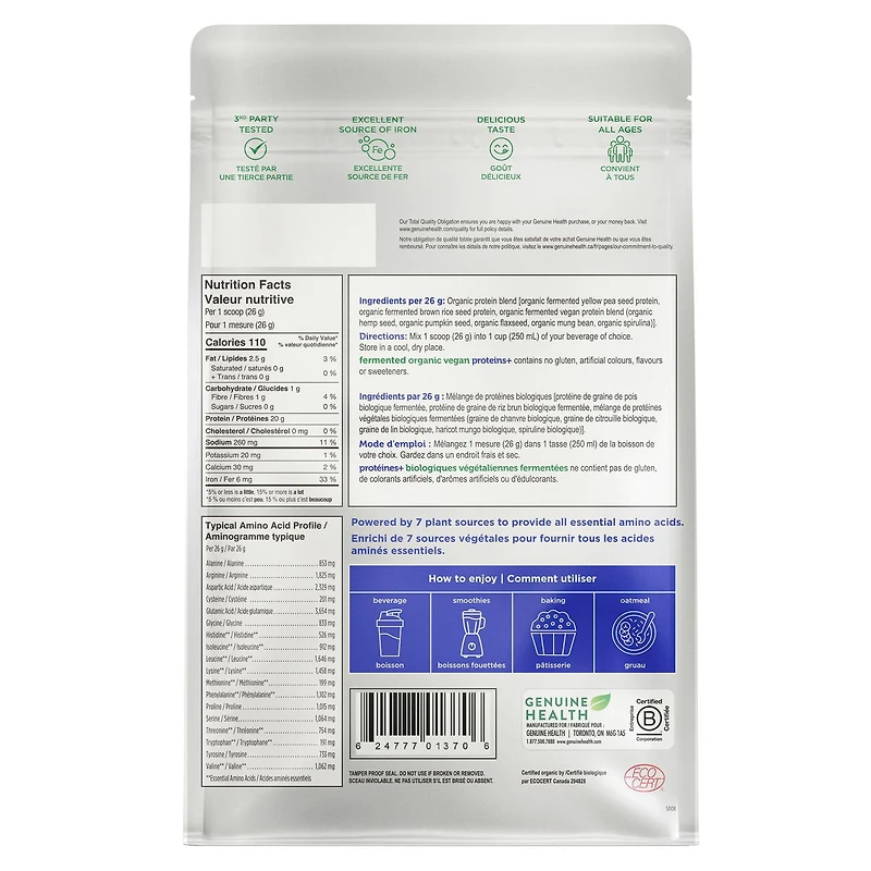 Genuine Health Fermented Organic Vegan Proteins unflavoured unsweetened, stevia free, 10 servings