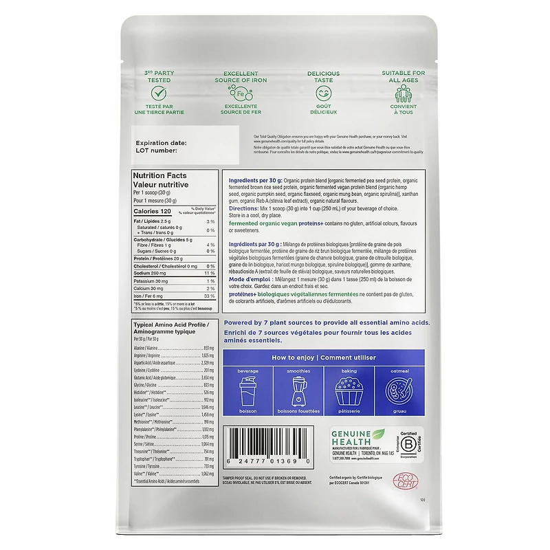 protéines biologiques végétaliennes fermentées, vanille de Genuine Health, 10 portions