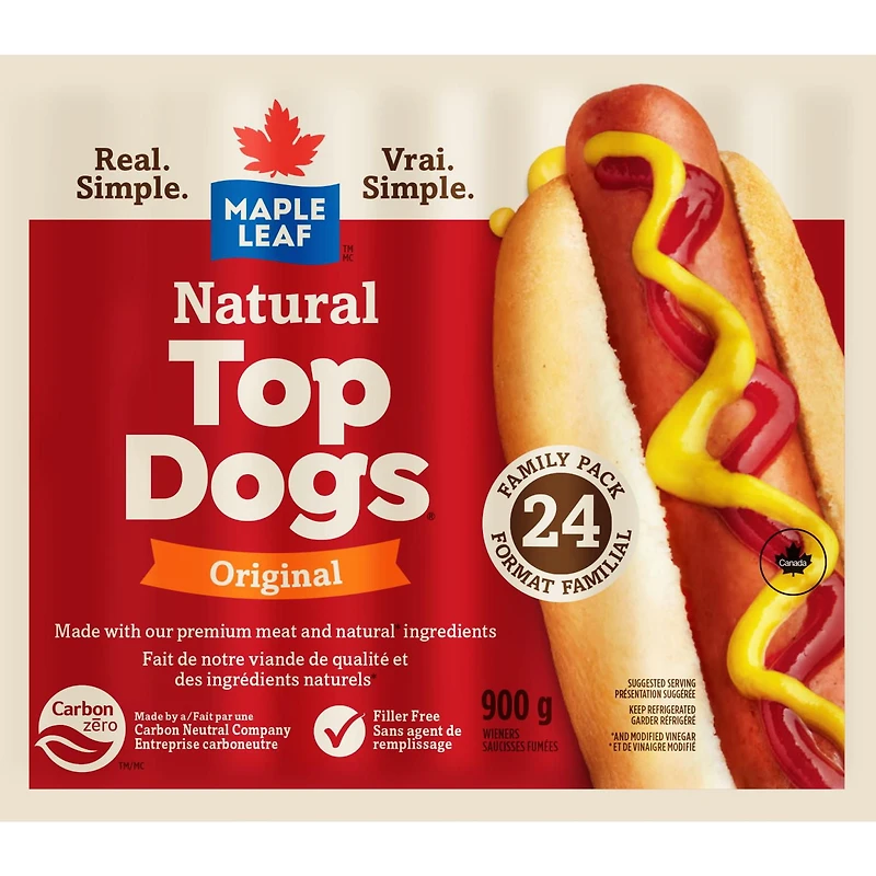 Maple Leaf Natural Top Dogs Original Hot Dogs Family Size, 900 g