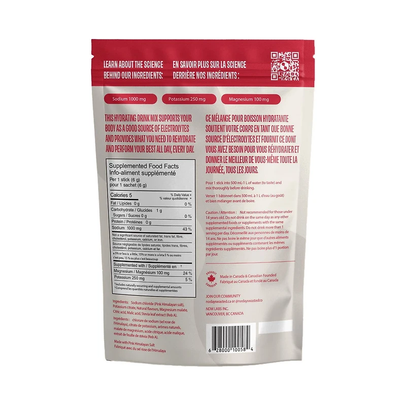 No Days Wasted Hydratation Active Sans Sucre Mélange d’électrolytes – Framboise sure – Poudre d’hydratation avec sodium, potassium et magnésium – 9 sachets