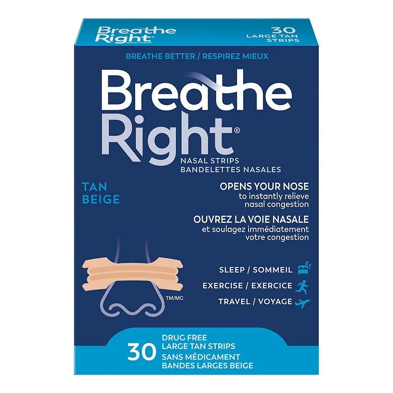Breathe Right grandes bandelettes nasales Beige | Soulage instantanément la congestion nasale | Sans Médicament 30 Grandes Bandelettes Beiges