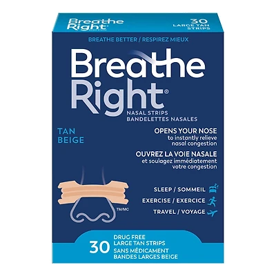 Breathe Right grandes bandelettes nasales Beige | Soulage instantanément la congestion nasale | Sans Médicament 30 Grandes Bandelettes Beiges
