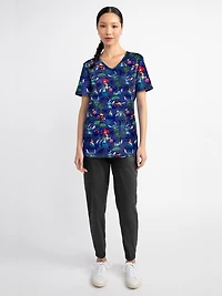 Blouse médicale imprimée Playa Stitch de la collection Fashion Scrubstar pour femmes, à encolure en V, tailles XS–3XL