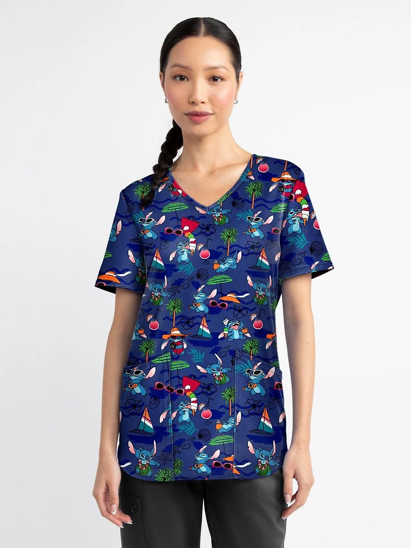 Blouse médicale imprimée Playa Stitch de la collection Fashion Scrubstar pour femmes, à encolure en V, tailles XS–3XL
