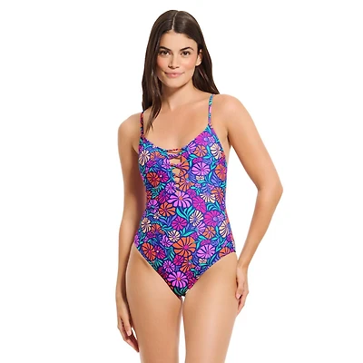 Summer Flirtt Maillot de bain une pièce texturé à lacets sur le devant pour femme, coupe échancrée