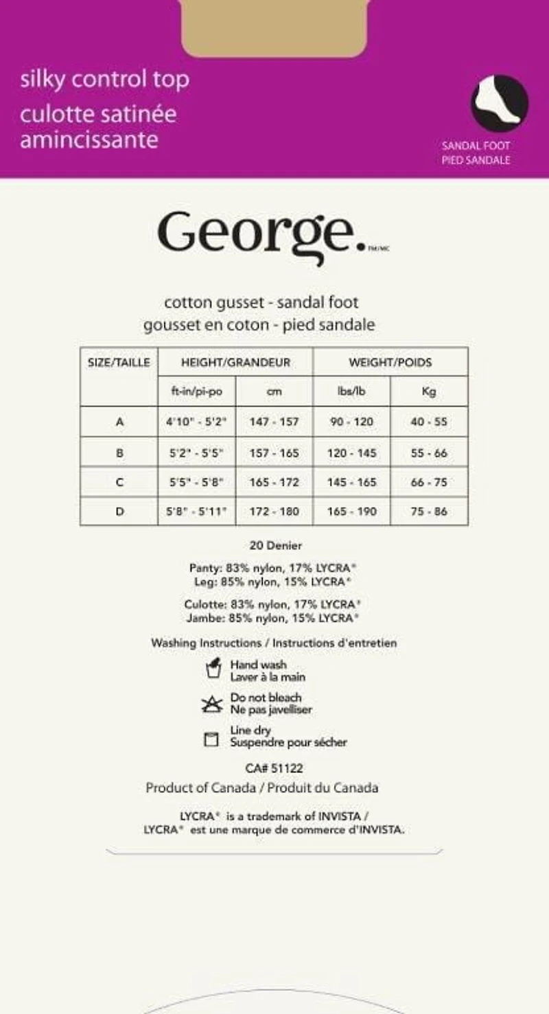 Bas-culotte avec culotte satinée amincissante et pied sandale George pour femmes